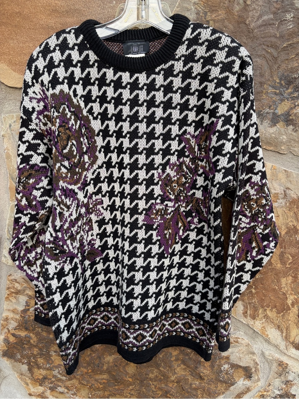 Vintage 90s Lana Lee Houndstooth Crew-Neck Pullover Sweater Cottagecore Winter